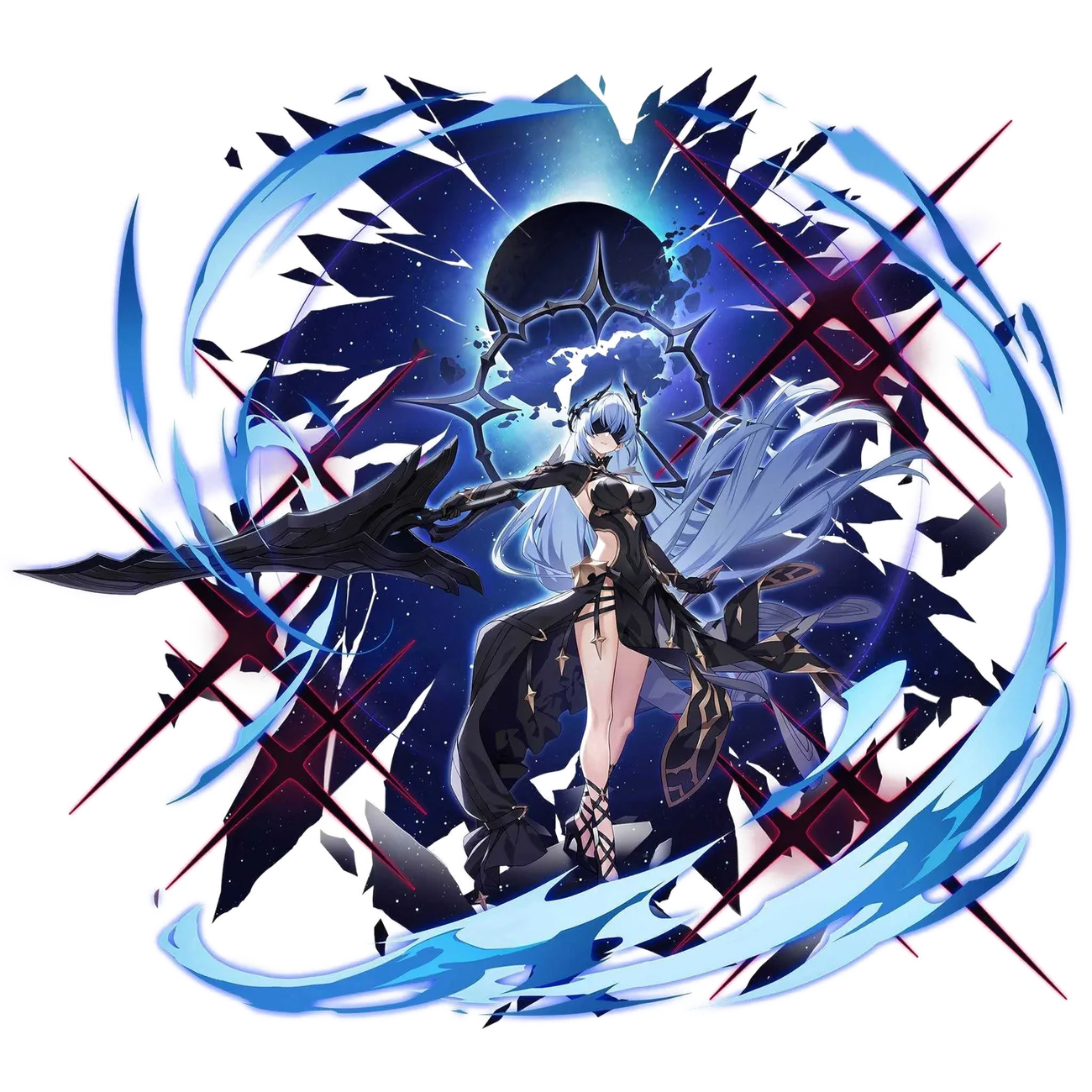 WOF, sword drawn, in front of a shattered moon